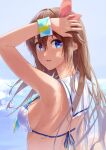  1girl armpits blue_eyes brown_hair from_behind from_side hair_flaps hair_ribbon highres holding holding_hair hololive long_hair looking_back looking_to_the_side makimaki_makky7 parted_lips red_ribbon ribbon sailor_bikini sailor_collar solo string_bikini swimsuit tokino_sora upper_body virtual_youtuber wet wet_hair wrist_cuffs 