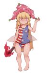  1girl american_flag american_flag_print bare_legs barefoot blonde_hair clownpiece doro_au fairy_wings flag_print full_body hat highres holding holding_torch jester_cap long_hair one-piece_swimsuit pink_eyes pink_headwear polka_dot simple_background sleeveless solo swimsuit swomp_(going_under) torch touhou very_long_hair white_background wings 
