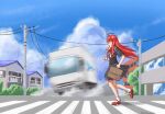 ahoge blue_sky bow clouds commentary dress food food_in_mouth frilled_dress frills ground_vehicle highres hololive hololive_indonesia kureiji_ollie large_bow long_hair mary_janes motor_vehicle mouth_hold olivia_(kureiji_ollie) red_bow red_footwear redhead shoes sky smile socks toast toast_in_mouth truck wchanworks 