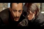  1boy 1girl beard black_jacket blurry blurry_background building crossover depth_of_field facial_hair gun higuchi_madoka idolmaster idolmaster_shiny_colors jacket leon_(leon_the_professional) leon_the_professional mole mole_under_eye mzmch one_eye_closed out_of_frame outdoors rifle short_hair signature sniper_rifle weapon wrinkled_skin 