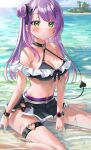 1girl bare_shoulders beach bikini bikini_skirt black_bikini black_choker black_skirt breasts choker day frills front-tie_bikini front-tie_top green_eyes highres hololive kito_koruta long_hair medium_breasts miniskirt navel outdoors parted_lips purple_hair side_bun sitting skirt solo stomach sunlight swimsuit tail thigh_strap thighs tokoyami_towa virtual_youtuber wariza water wet