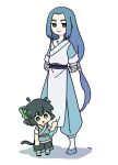  2boys animal_ears arms_behind_back black_hair blue_eyes blue_hair cat_boy cat_ears cat_tail child full_body garouma green_eyes height_difference highres long_hair luoxiaohei multiple_boys short_hair short_sleeves simple_background standing tail the_legend_of_luo_xiaohei very_long_hair white_background wuxian_(the_legend_of_luoxiaohei) 