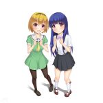  2girls absurdres black_footwear black_legwear black_skirt blonde_hair blue_hair blush brown_footwear dress fang full_body furude_rika green_dress hairband highres higurashi_no_naku_koro_ni houjou_satoko kneehighs legs long_hair mary_janes multiple_girls open_mouth pantyhose sainohikari shirt shoes short_hair short_sleeves simple_background skirt smile suspender_skirt suspenders thighs violet_eyes white_background white_legwear white_shirt 