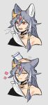  2girls animal_ears bangs black_hair cat_ears cat_girl disembodied_limb fangs fu_hua fu_hua_(herrscher_of_sentience) fu_hua_(valkyrie_accipter) grey_background growling hair_between_eyes hair_ornament headpat highres honkai_(series) honkai_impact_3rd long_hair multiple_girls red_eyes simple_background zaraku 