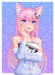  1girl :d absurdres ahoge animal_ear_fluff animal_ears bangs bare_shoulders blush cat_ears collarbone commentary detached_sleeves eyebrows_visible_through_hair fang hair_between_eyes hair_ornament hand_on_own_cheek hand_on_own_face highres huge_filesize long_hair looking_at_viewer nyatasha_nyanners open_mouth pink_hair simple_background smile solo upper_body violet_eyes virtual_youtuber vshojo wlper 