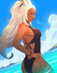  1girl animal_ears ass blurry blurry_background bracelet breasts dark-skinned_female dark_skin day dutch_angle final_fantasy final_fantasy_xii fran_(ff12) hand_on_hip highres horizon jewelry koyorin long_hair looking_at_viewer medium_breasts one-piece_swimsuit ponytail profile rabbit_ears red_eyes solo swimsuit viera water wet white_hair 