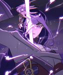 1girl arm_up bangs blunt_bangs braid breasts bridal_gauntlets cchaiart commentary electricity energy_sword english_commentary flower genshin_impact hair_ornament japanese_clothes kimono long_hair looking_at_viewer mole mole_under_eye one_eye_covered open_mouth purple_flower purple_hair raiden_shogun sash simple_background solo sword twitter_username violet_eyes weapon wide_sleeves
