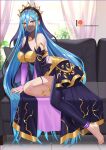 1girl alternate_costume azura_(fire_emblem) barefoot blue_hair blush breasts chungmechanic couch detached_sleeves fire_emblem fire_emblem_fates fire_emblem_heroes frown hair_between_eyes highres indoors large_breasts light_blue_hair long_hair long_sleeves looking_at_viewer mouth_veil see-through solo veil very_long_hair yellow_eyes 