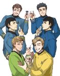  3boys aaa-ryo absurdres alcohol arm_behind_back black_hair blue_eyes blue_shirt communicator crossed_arms cup drinking_glass green_shirt hand_up highres james_tiberius_kirk leonard_mccoy long_sleeves looking_at_viewer male_focus martini multiple_boys multiple_views one_eye_closed shirt shot_glass sideways_glance smile spock star_trek tumbler vulcan white_background yellow_shirt 