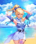  1girl absurdres armpits arms_behind_head beach blonde_hair blue_sky blush bow breasts cleavage_cutout clothing_cutout clouds detached_sleeves eyebrows_visible_through_hair genshin_impact hair_bow highres jean_(genshin_impact) jean_(sea_breeze_dandelion)_(genshin_impact) looking_at_viewer medium_breasts ocean open_mouth outdoors ponytail sand sky solo 