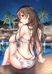  ass bikini blush brown_eyes brown_hair harumachi_hashira highres long_hair looking_at_viewer looking_back night night_sky official_art palm_tree pool sahara386 sex_and_dungeon sitting sky swimsuit tree very_long_hair water 