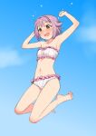  1girl armpits arms_up bikini blush brown_eyes frilled_bikini frills full_body hair_intakes idolmaster idolmaster_cinderella_girls jumping koshimizu_sachiko navel outdoors pink_hair sakaki_imasato short_hair sky solo strapless strapless_bikini swimsuit tears 