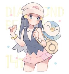  1girl anniversary bag beanie black_shirt bracelet hikari_(pokemon) english_text gen_4_pokemon grey_eyes grey_hair hair_ornament hairclip hat highres holding_strap jewelry long_hair looking_at_another nig_18 pastel_colors pink_skirt piplup poke_ball_symbol pokemon pokemon_(creature) pokemon_(game) pokemon_dppt shirt shoulder_bag skirt sleeveless sleeveless_shirt waving white_headwear yellow_bag yellow_bracelet 