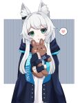  1girl amiya_(arknights) animal_ear_fluff animal_ears arknights ascot black_gloves blue_jacket blue_neckwear blush cat_ears character_doll cowboy_shot dress ear_piercing fingerless_gloves gloves green_eyes grey_hair hair_intakes heart highres holding holding_stuffed_toy infection_monitor_(arknights) jacket jacket_on_shoulders long_hair looking_at_viewer open_clothes open_jacket open_mouth piercing rosmontis_(arknights) solo someyaya spoken_heart stuffed_animal stuffed_bunny stuffed_toy white_dress wristband 