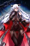  1girl aegir_(azur_lane) azur_lane bangs bare_shoulders bodystocking breast_curtains breasts cape chain clothing_cutout demon_horns earrings finger_to_own_chin hachimitsu_hinako hair_between_eyes horns huge_breasts jewelry long_hair looking_at_viewer multicolored_hair shoulder_cutout silver_hair smile streaked_hair thigh-highs thigh_gap thighs yellow_eyes 