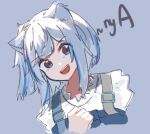  1girl :d animal_ears bangs blue_eyes blue_hair cat_ears cat_girl eyebrows_visible_through_hair gawr_gura harmhaunters hololive hololive_english kemonomimi_mode looking_at_viewer multicolored_hair open_mouth portrait short_hair silver_hair simple_background sketch smile solo streaked_hair suspenders 