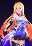  1girl :i absurdres bare_shoulders bianka_durandal_ataegina bianka_durandal_ataegina_(bright_knight:_excelsis) black_background black_gloves black_legwear blonde_hair blue_eyes closed_mouth earrings elbow_gloves gloves hair_between_eyes hair_ornament hair_over_one_eye highres honkai_(series) honkai_impact_3rd jewelry long_hair no-light simple_background solo thigh-highs 