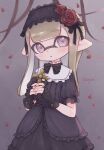  1girl artist_name bangs blunt_bangs blunt_ends bow bowtie commentary_request cross flower frilled_hairband frills gloves gothic_lolita hairband highres holding inkling lolita_fashion long_hair looking_at_viewer petals pioxpioo pointy_ears rose short_sleeves signature solo splatoon_(series) standing tentacle_hair 