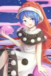  1girl artist_name bangs black_dress black_sleeves blue_background blue_eyes blue_hair blush crossed_legs doremy_sweet dress eyebrows_visible_through_hair eyes_visible_through_hair hand_up highres looking_to_the_side open_mouth pom_pom_(clothes) red_headwear short_hair short_sleeves sitting smile solo touhou white_dress yu_cha 