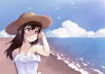  1girl absurdres bangs bare_shoulders beach blush brown_eyes brown_hair closed_mouth collarbone doradora_oekaki dress frilled_dress frills hair_ornament hairclip halter_dress halterneck hat highres holding holding_hair hololive long_hair looking_to_the_side smile solo straw_hat sun_hat sundress tokino_sora virtual_youtuber white_dress 