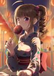  1boy 1girl ahoge blurry blurry_background brown_hair candy_apple drill_hair earrings eating eyebrows_visible_through_hair festival flower food hair_flower hair_ornament holding holding_food idolmaster idolmaster_million_live! idolmaster_million_live!_theater_days japanese_clothes jewelry kamille_(vcx68) kimono looking_at_viewer obi outdoors pov sash side_ponytail sleeve_tug stud_earrings violet_eyes yokoyama_nao yukata 