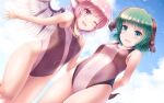  2girls :d ;d animal_ears bangs bare_arms bare_shoulders bird_wings blue_sky breasts clouds commentary_request competition_swimsuit covered_navel dutch_angle eyebrows_visible_through_hair green_eyes green_hair highres kasodani_kyouko looking_at_viewer lzh multiple_girls mystia_lorelei one-piece_swimsuit one_eye_closed open_mouth pink_eyes pink_hair short_hair sky small_breasts smile swimsuit touhou wings 