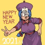  1girl 2021 absurdres blue_hair bow braid braided_ponytail breasts chanta_(ayatakaoisii) chinese_zodiac cowboy_shot dated dress hair_bow hand_on_hip happy_new_year highres jiangshi_(chanta) long_hair new_year open_mouth original pants purple_dress purple_headwear red_bow simple_background smile solo v very_long_hair year_of_the_ox yellow_background yellow_pants 