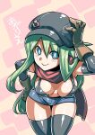  1girl blue_eyes breasts character_request closed_mouth elbow_gloves gloves green_hair hat long_hair looking_at_viewer shorts smile solo thigh-highs tukiwani 