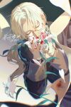  1boy black_jacket closed_eyes flower formal glasses gloves holding holding_flower jacket long_hair long_sleeves petals ponytail signature solo tang_xinzi tears_of_themis vyn_richter_(tears_of_themis) white_flower white_gloves white_hair 
