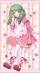  1girl :d apron checkerboard_cookie commentary_request cookie dress fire_emblem fire_emblem:_three_houses flayn_(fire_emblem) food frilled_apron frills full_body green_eyes green_hair hand_up heart highres juliet_sleeves long_sleeves looking_at_viewer nail_polish open_mouth pantyhose pink_apron pink_dress pink_lips puffy_sleeves red_footwear red_nails sakura_tsubame shoes smile solo 
