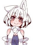  1girl adapted_costume animal_ear_fluff animal_ears bangs detached_sleeves hair_intakes highres inubashiri_momiji kuro-ekaki looking_at_viewer one-hour_drawing_challenge pom_pom_(clothes) red_eyes shirt short_hair simple_background smile solo thick_eyebrows touhou upper_body white_background white_hair white_shirt wolf_ears 