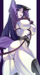  1girl :d arms_behind_head ass belt bodysuit breasts fate/grand_order fate_(series) highres latex_bodysuit long_hair looking_at_viewer minamoto_no_raikou_(fate) open_mouth purple_bodysuit purple_hair skin_tight smile solo teeth very_long_hair violet_eyes volyz 