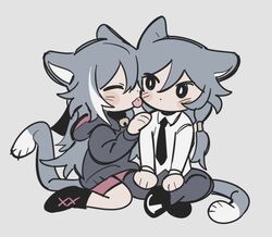  2girls animal_ears bangs black_footwear black_hair black_hoodie boots cat_ears cat_girl cat_tail chibi closed_eyes clouds formal fu_hua fu_hua_(herrscher_of_sentience) full_body full_moon grey_background hair_between_eyes honkai_(series) honkai_impact_3rd hood hoodie licking licking_cheek licking_face long_hair long_sleeves looking_at_another moon multiple_girls necktie on_floor red_shorts seiza shirt shorts simple_background sitting tail tongue tongue_out white_shirt zaraku 