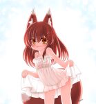 1girl :d animal_ear_fluff animal_ears bangs bare_arms bare_shoulders brown_eyes brown_hair collarbone commentary_request dress eyebrows_visible_through_hair fox_ears fox_girl fox_tail frilled_dress frills hair_between_eyes hair_ornament heart heart_hair_ornament kanijiru long_hair looking_at_viewer open_mouth original skirt_hold smile solo tail twitter_username white_dress 