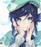  1boy androgynous aqua_eyes aqua_hair beret black_hair blue_hair braid feathers flower frilled_sleeves frills genshin_impact gradient_hair green_headwear hands_on_own_cheeks hands_on_own_face hat hat_flower hat_ornament highres long_sleeves looking_at_viewer multicolored_hair short_hair_with_long_locks simple_background smile solo sora_402 twin_braids venti_(genshin_impact) white_background white_flower 