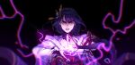  1girl bangs black_background blunt_bangs braid breasts commentary electricity energy_sword english_commentary flower furrowed_brow genshin_impact hair_flower hair_ornament highres japanese_clothes kimono large_breasts long_hair looking_at_viewer mole mole_under_eye open_mouth purple_flower purple_hair raiden_(genshin_impact) ribbon sash sethkiel solo sword tassel tears violet_eyes vision_(genshin_impact) weapon 