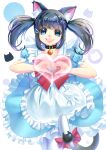  1girl :d animal_ear_fluff animal_ears bangs bell black_choker blue_dress blue_eyes bow cat_ears cat_tail choker dress hair_ornament hairclip heart heart_hands highres maid mr._j.w neck_bell open_mouth pantyhose pink_bow simple_background smile solo standing tail tail_bow tail_ornament twintails white_background white_legwear 