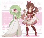  2girls absurdres artist_name bangs bellavoirr black_legwear blush bob_cut braid brown_eyes brown_hair character_name colored_skin commentary dress earrings english_commentary eyebrows_visible_through_hair flat_chest frilled_dress frills from_behind full_body gardevoir gen_3_pokemon green_hair green_skin grey_dress hair_ornament hair_over_one_eye hairband hairclip hand_up heart highres holding holding_poke_ball jewelry kneehighs long_hair looking_at_viewer looking_back looking_to_the_side multicolored multicolored_skin multiple_girls open_mouth original outline pink_background pink_footwear pink_hairband poke_ball poke_ball_(basic) poke_ball_symbol pokemon pokemon_(creature) ponytail puffy_short_sleeves puffy_sleeves red_eyes shiny shiny_hair shoes short_hair short_sleeves sidelocks signature sofia_(bellavoirr) standing stud_earrings tied_hair translation_request twin_braids two-tone_skin very_long_hair white_outline white_skin 