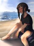  1girl artist_logo artist_name barefoot beach bikini black_eyes black_hair black_shirt blue_bikini blue_sky blurry bracelet closed_eyes clouds cushion day depth_of_field ergot fubuki_(kancolle) jewelry kantai_collection long_hair low_ponytail nail_polish ocean open_mouth outdoors ponytail ring shirt short_ponytail side-tie_bikini sidelocks sitting sky smile solo swimsuit t-shirt tan tanlines upper_teeth waving wedding_band 