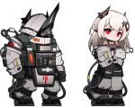  1girl arknights bangs bare_shoulders black_choker black_footwear black_gloves boots chibi chinese_commentary choker commentary_request crop_top full_body gloves grey_pants head_tilt horns infection_monitor_(arknights) long_hair long_sleeves looking_at_viewer midriff mudrock_(arknights) multiple_views nopetroto off_shoulder pants pointy_ears red_eyes silver_hair sports_bra standing stomach transparent_background 
