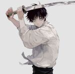  1boy arms_up bangs black_hair black_pants blue_eyes closed_mouth commentary_request expressionless grey_background highres holding holding_sword holding_weapon jewelry jujutsu_kaisen katana llilililiilii long_sleeves looking_at_viewer male_focus okkotsu_yuuta pants ring shirt short_hair simple_background solo sparkle sword upper_body weapon white_shirt 