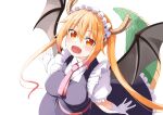  1girl :d bangs blonde_hair breasts collared_shirt cravat dragon_girl dragon_horns dragon_tail dragon_wings dress elbow_gloves fang from_above gloves gradient_hair hair_between_eyes highres horns kobayashi-san_chi_no_maidragon large_breasts long_dress long_hair looking_at_viewer maid maid_headdress marie_(pixiv31942978) multicolored_hair open_mouth orange_eyes orange_hair outstretched_arms pinafore_dress puffy_short_sleeves puffy_sleeves shirt short_sleeves sidelocks slit_pupils smile solo tail tohru_(maidragon) twintails white_gloves white_shirt wings 
