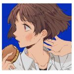  1girl arms_up bangs black_shirt black_undershirt blue_background blunt_bangs blush border braid brown_hair collar collared_shirt crown_braid dress_shirt food hands_up holding holding_food ice_cream ice_cream_sandwich ivxxx looking_to_the_side niijima_makoto open_mouth persona persona_5 red_eyes shirt short_hair simple_background snack sweat sweatdrop sweating_profusely teeth turning_head white_border white_shirt 