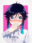  1boy androgynous ascot bangs black_hair blue_hair blue_nails blush braid collared_shirt commentary_request covered_mouth cravat eyebrows_visible_through_hair flower frilled_sleeves frills genshin_impact gradient_hair green_eyes hand_on_own_face liuli_mao_cai_ye long_sleeves looking_at_viewer male_focus multicolored_hair nail_polish pink_background shirt short_hair_with_long_locks sidelocks simple_background solo sweat twin_braids venti_(genshin_impact) white_background white_shirt 