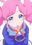  1girl aikatsu! aikatsu!_(series) amahane_madoka blue_eyes blue_jacket blush buttons dot_nose double-breasted jacket long_sleeves looking_at_viewer medium_hair pink_hair simple_background solo tongue tongue_out twintails upper_body white_background yonekura_hisaki 