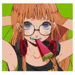  1girl armpits arms_up bangs black_tank_top blunt_bangs blush border eating food glasses green_background hands_in_hair headphones headphones_around_neck headphones_removed hime_cut ivxxx long_hair open_mouth orange_hair persona persona_5 popsicle sakura_futaba simple_background snack solo sweat sweatdrop sweating_profusely tank_top v_arms violet_eyes white_border 