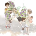  1girl 2boys ahoge animal_bag backpack bag bangs blush blush_stickers brown_footwear brown_hair brown_shorts cat_bag dangan_ronpa_(series) dangan_ronpa_2:_goodbye_despair dress flower full_body green_shirt grey_background grey_hair highres hinata_hajime holding_plant komaeda_nagito looking_at_another medium_hair multiple_boys nanami_chiaki open_mouth paper pink_footwear plant potted_plant profile purple_flower shirt shoes short_hair shorts socks standing sweatdrop vo1ez white_dress white_legwear yellow_shirt younger 