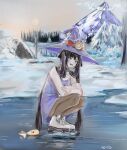  1girl bangs black_legwear blurry blurry_background commentary crossed_arms dress english_commentary frozen_lake genshin_impact grey_eyes grey_sky hat highres ice ice_skates long_hair mitsoire mona_(genshin_impact) mountain open_mouth outdoors pantyhose purple_dress purple_headwear signature skates smile snow snowing solo squatting sun teeth tree twintails very_long_hair witch_hat 
