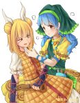  2girls absurdres apron arm_ribbon artist_name bangs blonde_hair blue_hair blue_ribbon bow brush closed_mouth damaged double_bun dress dress_bow eyebrows_visible_through_hair eyes_visible_through_hair green_apron green_headwear hair_between_eyes hair_ribbon hand_on_another&#039;s_face haniyasushin_keiki highres joutouguu_mayumi long_hair looking_at_another mechanical_parts multiple_girls one_eye_closed open_mouth pink_eyes pocket puffy_short_sleeves puffy_sleeves red_bow red_ribbon ribbon short_hair short_sleeves simple_background sitting smile touhou white_background white_ribbon white_sleeves yellow_dress yu_cha 