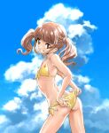  1girl adjusting_clothes adjusting_swimsuit ass bangs bikini blue_sky blunt_bangs breasts brown_eyes brown_hair clouds cloudy_sky commentary_request cowboy_shot day from_side front-tie_bikini front-tie_top grin healin&#039;_good_precure highres hiramitsu_hinata looking_at_viewer medium_hair outdoors partial_commentary precure side-tie_bikini sky small_breasts smile solo standing swimsuit twintails unno_hotaru 
